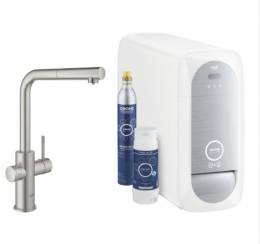 GROHE Blue Home vienasvirtis L formos maišytuvas su filtravimo sistema ir ištraukiamu snapu, supersteel spalva